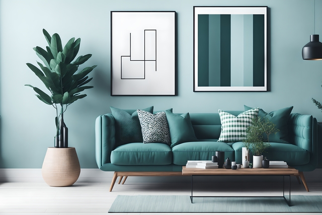 living room with sofa, coffee table, lamp, plant, decoration and accessories
