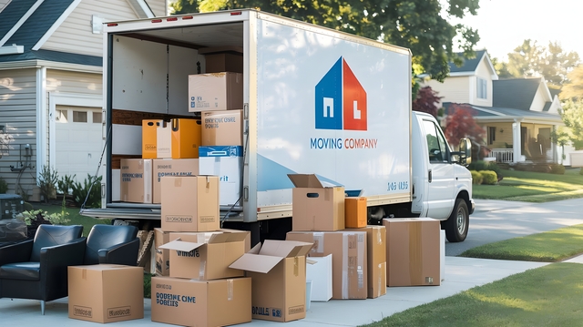 A moving truck is parked in front of a house 