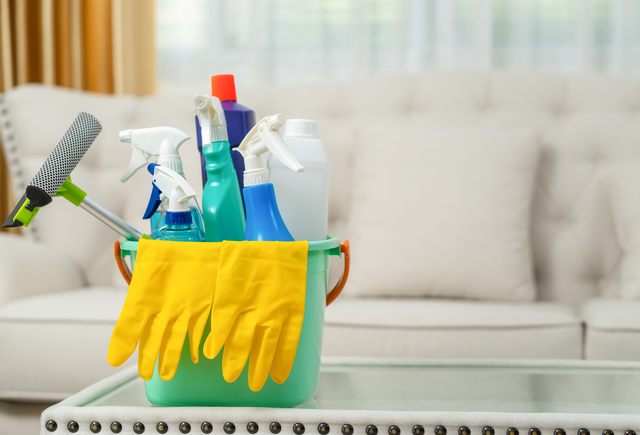 Set of cleaning supplies on the table in room