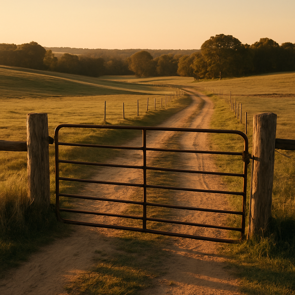 A closed gate on a farm at sunset.