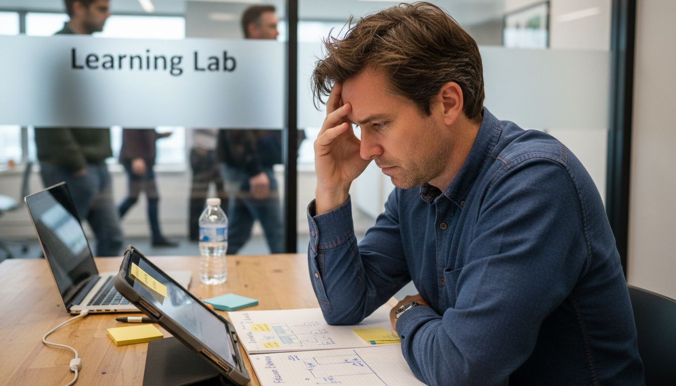 Manager studying technology in meeting room