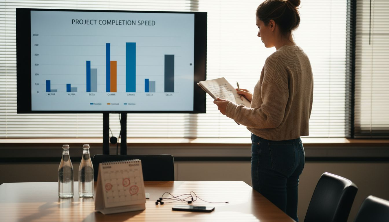 Manager reviewing delivery speed bar chart