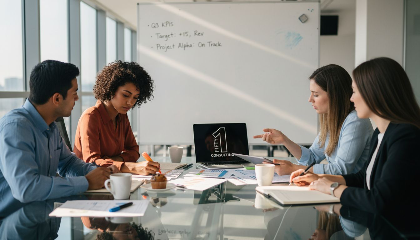 Project team reviewing printed status reports