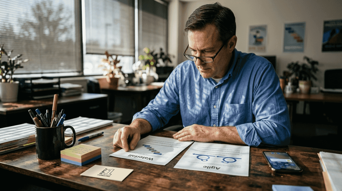 Project manager evaluates methodologies at desk