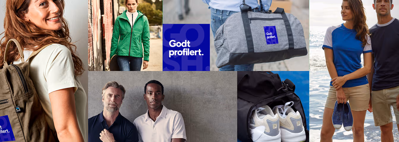Kollasj med profilklær, ryggsekk og bag med logotrykk