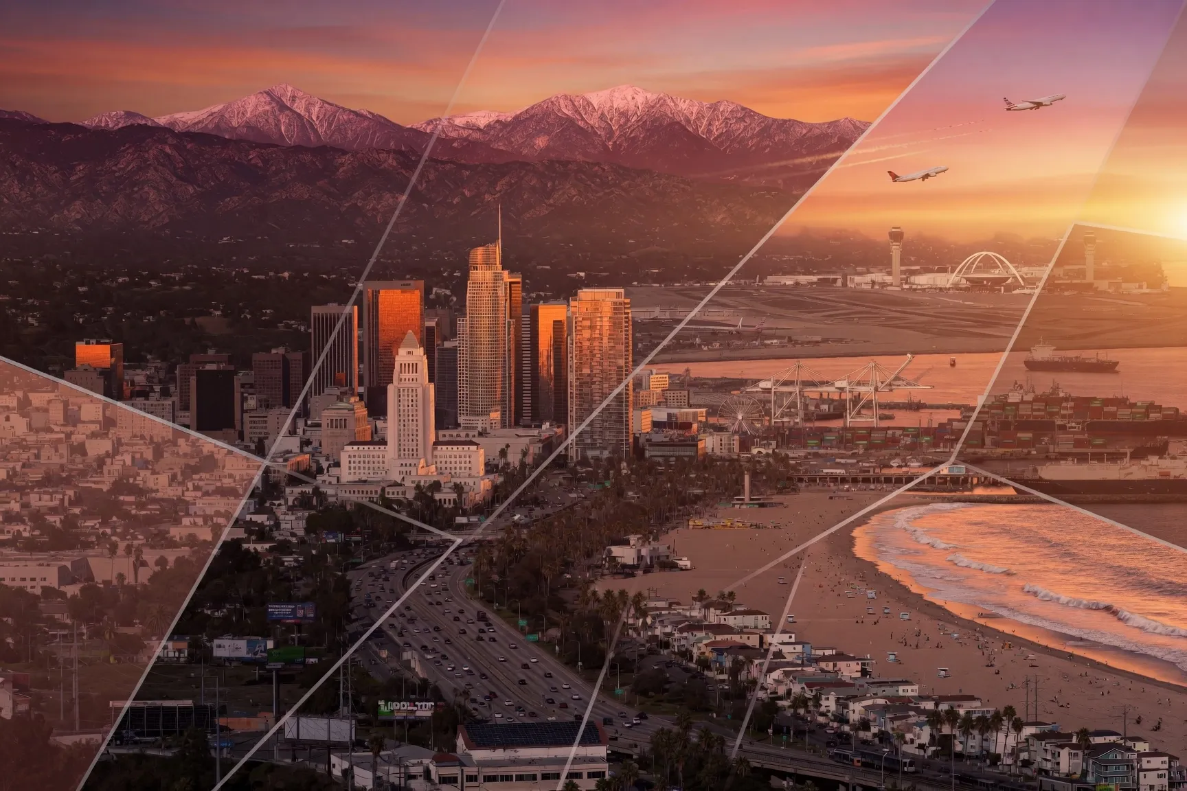 Sunset view of Los Angeles skyline, mountains, beach, harbor, and airplanes flying over.