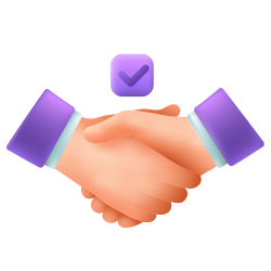 Two hands shaking symbolizing agreement with a purple checkmark above them.