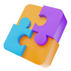 Three interlocking 3D puzzle pieces in blue, orange, and purple forming a square.