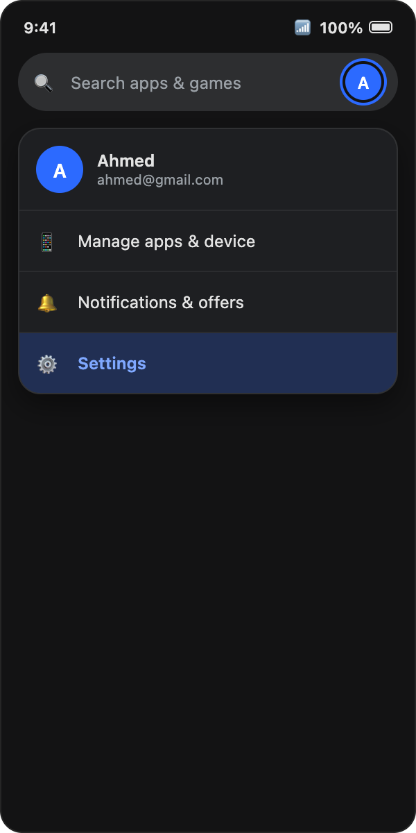 Play Store profile menu
