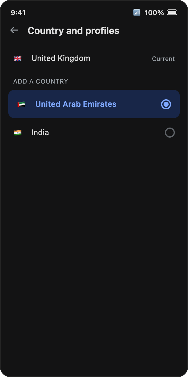 Country picker showing UAE