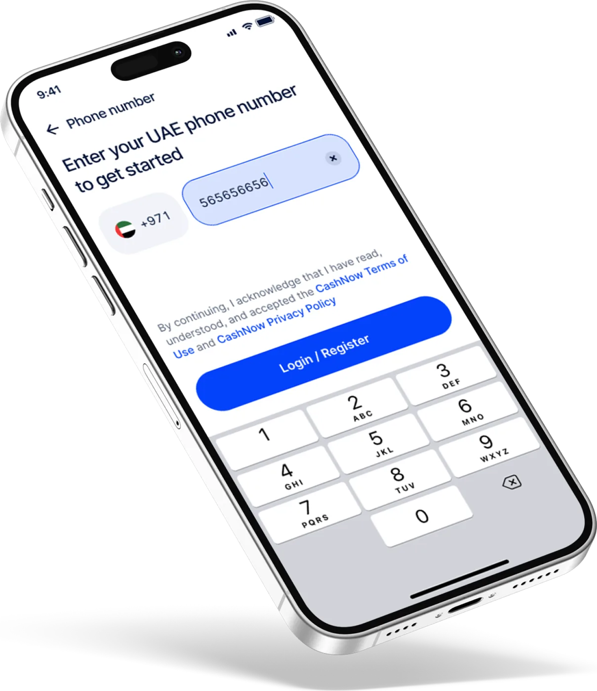 Registration screen with phone number