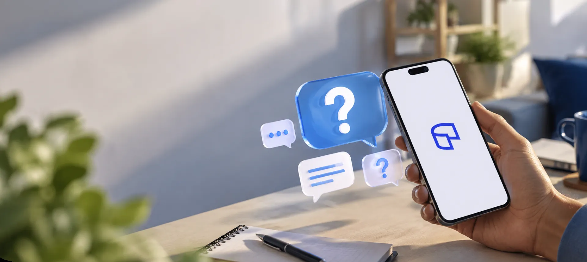 Hand holding a phone with the CashNow app next to question mark speech bubbles