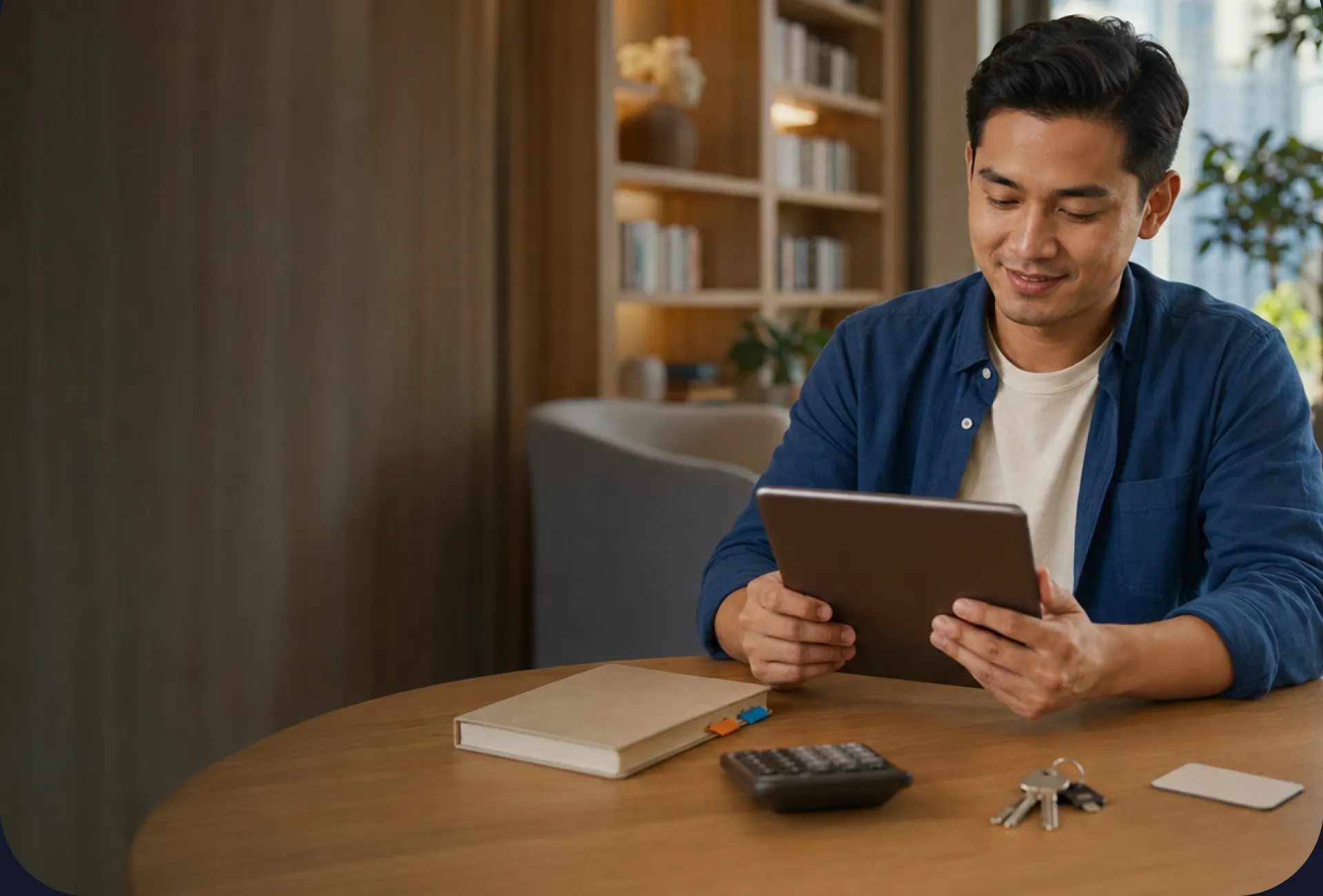 Man reading on a tablet at a café table