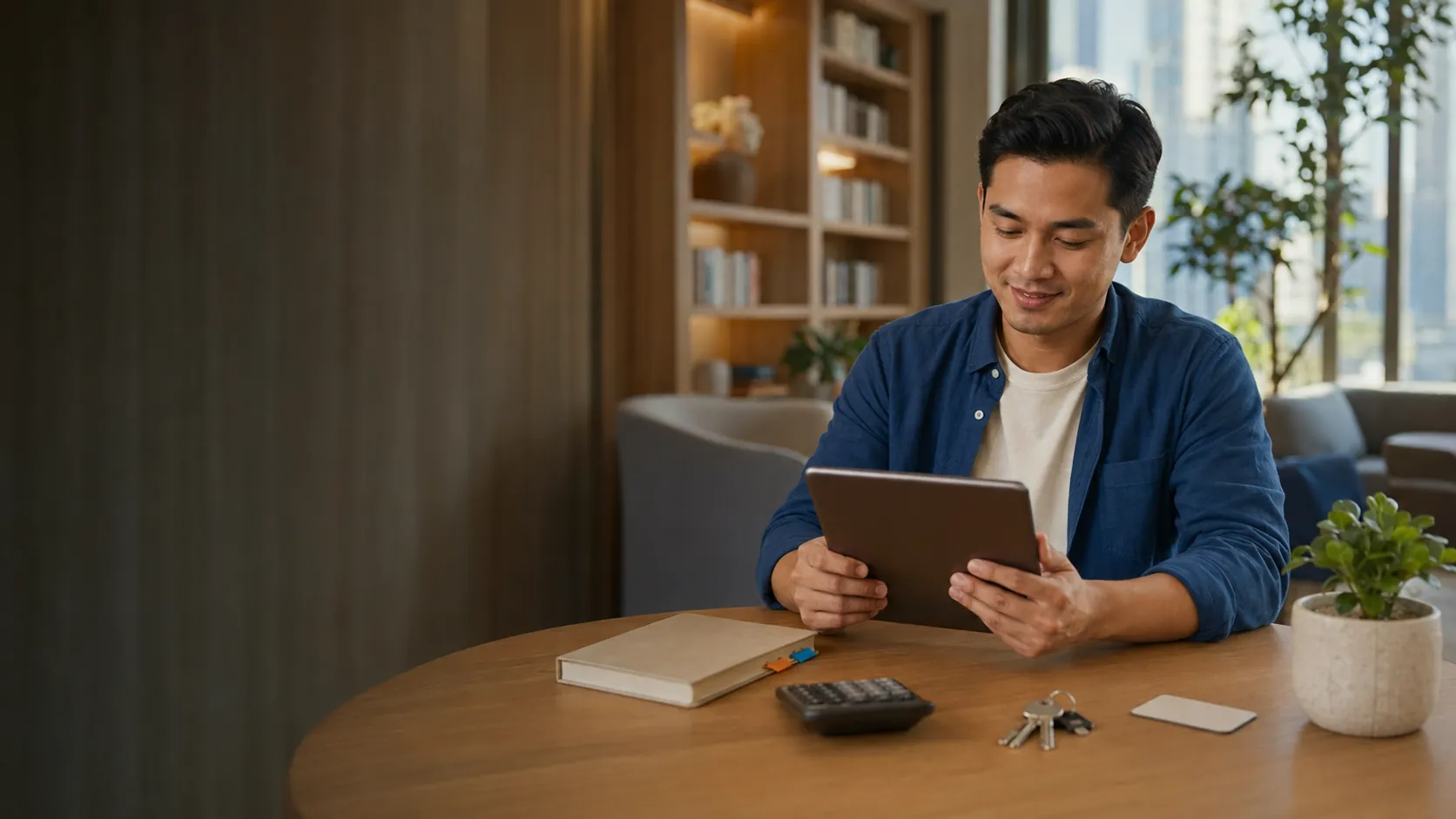 Smiling man using a tablet at a table at home