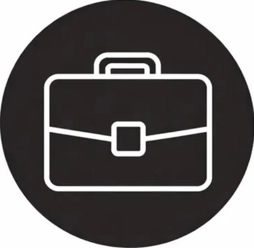 White briefcase icon on a black circular background.