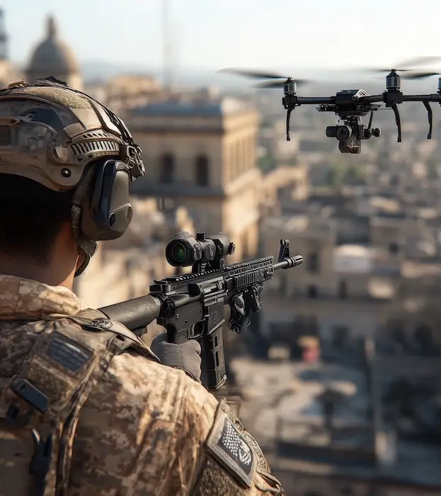 A soldier the roof of a building prepares his rifle, while a drone is being sent off