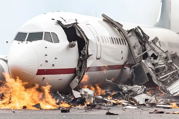 A commercial plane, like a 757, crashed on the tarmac with significant damage to the wing
