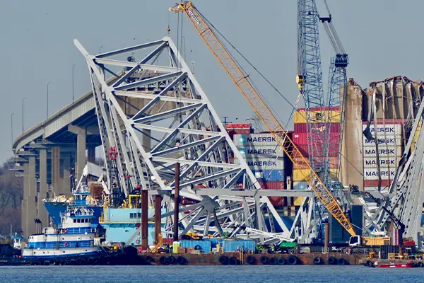 Collapse of the Francis Scott Key Bridge in Baltimore.  The container ship Dali, having suffered a complete critical failure, crashes into and causes the bridge to collapse.