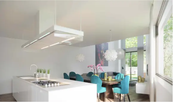 Le rez-de-chaussée offre un grand espace de vie avec un salon, une salle à manger et une cuisine
ouverte. De larges baies vitrées offrent une vue et un accès sur le jardin.
Sur ce même niveau, une chambre, une salle de bains et un second salon.