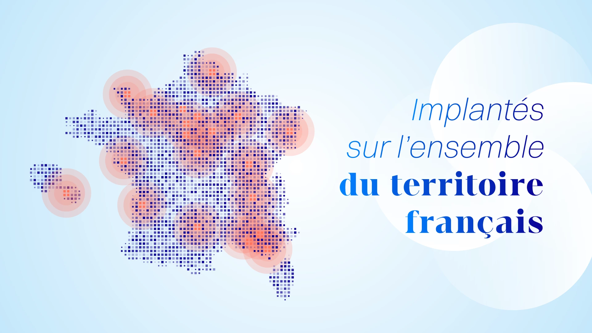 Carte de France en pixels illustrant l'implantation de l'ASNR sur l'ensemble du territoire français, avec des zones d'activité en dégradé bleu et corail.