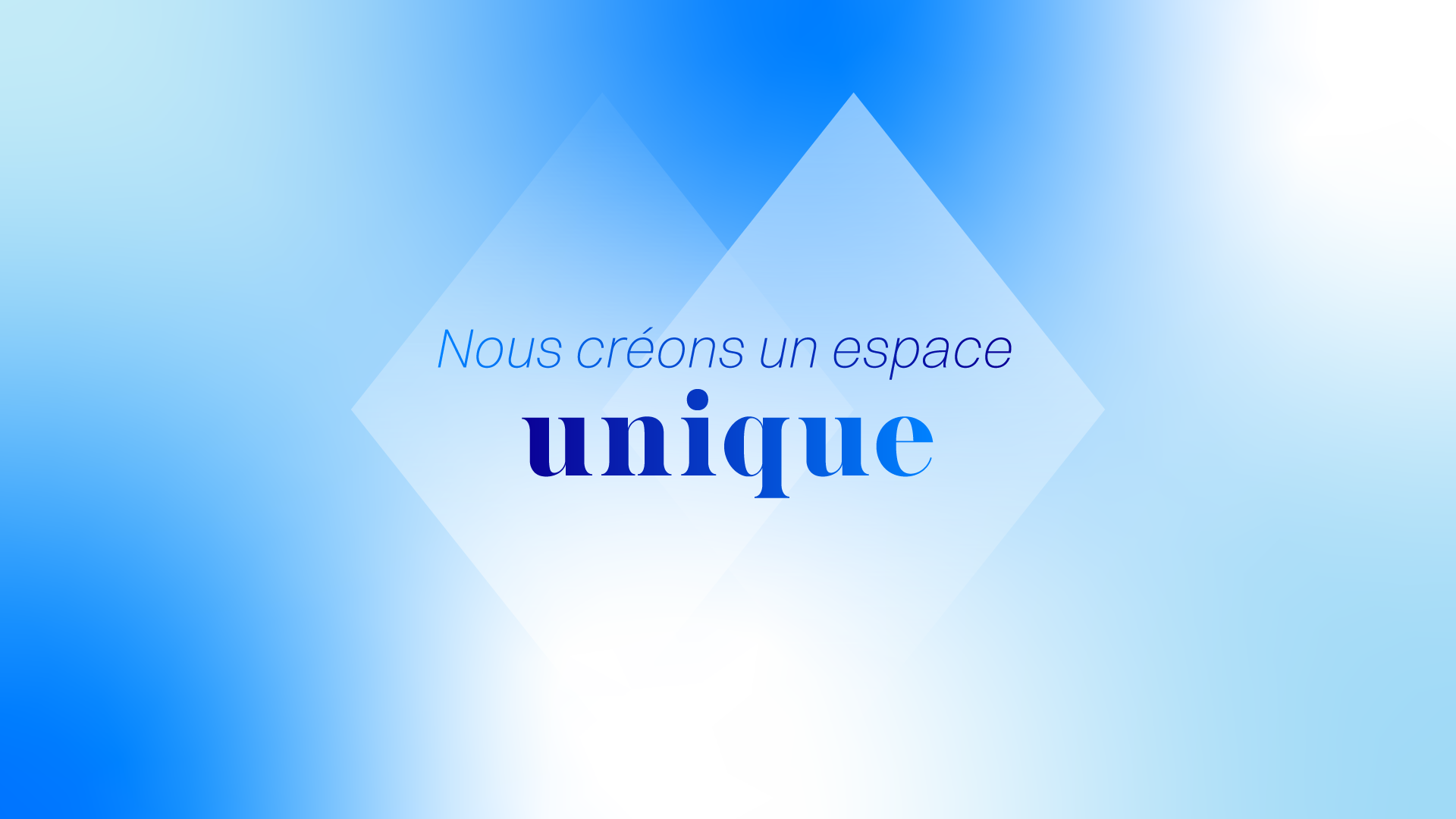 Écran typographique de la vidéo motion design ASNR Archipel affichant Nous créons un espace unique, avec une forme losange translucide sur un fond en dégradé bleu et blanc.