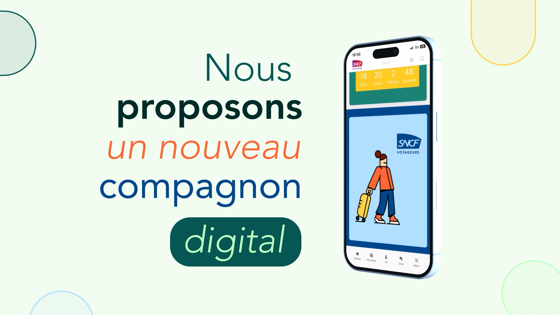Mockup smartphone en 3D présentant l'application Staffbase aux couleurs de SNCF Voyageurs, avec une illustration de voyageur et le titre Nous proposons un nouveau compagnon digital.
