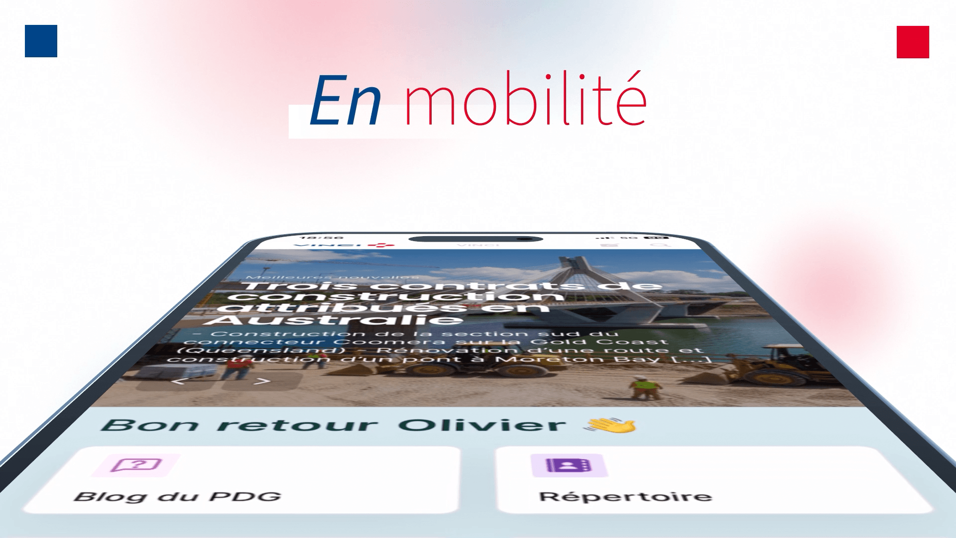 Mockup smartphone en 3D présentant l'application Staffbase aux couleurs de VINCI, avec le titre En mobilité et l'interface de communication interne affichant actualités et accès rapides.
