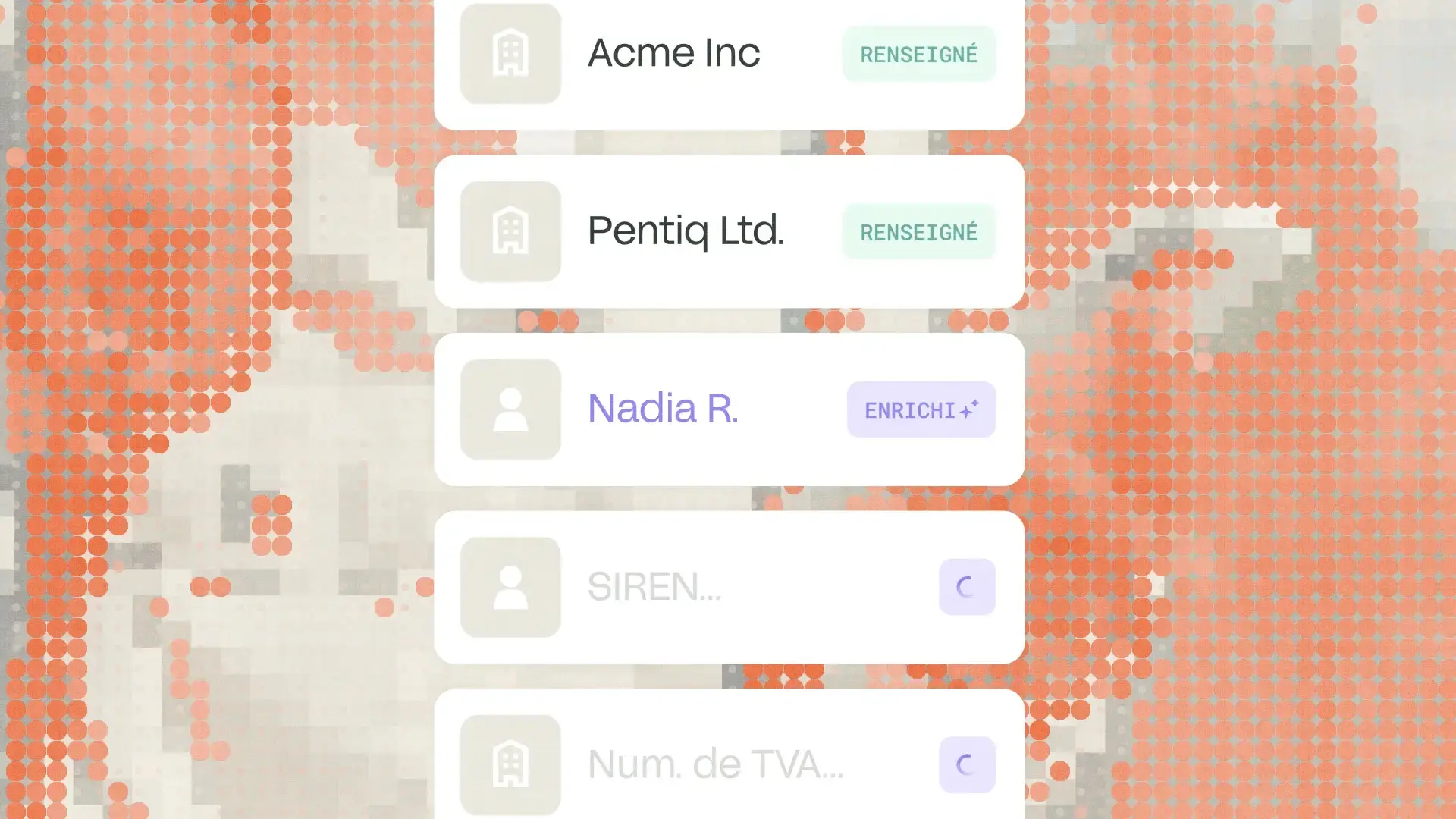 Interface de Mon Devis Facile affichant une liste de clients avec statuts renseigné et enrichi par l'IA, sur un fond en dégradé corail pixelisé.