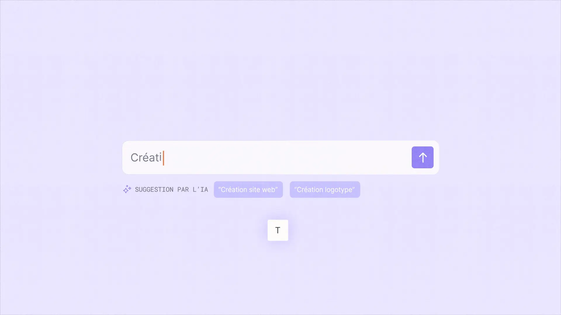 Barre de recherche de Mon Devis Facile avec des suggestions par l'IA comme création site web et création logotype, sur un fond violet.