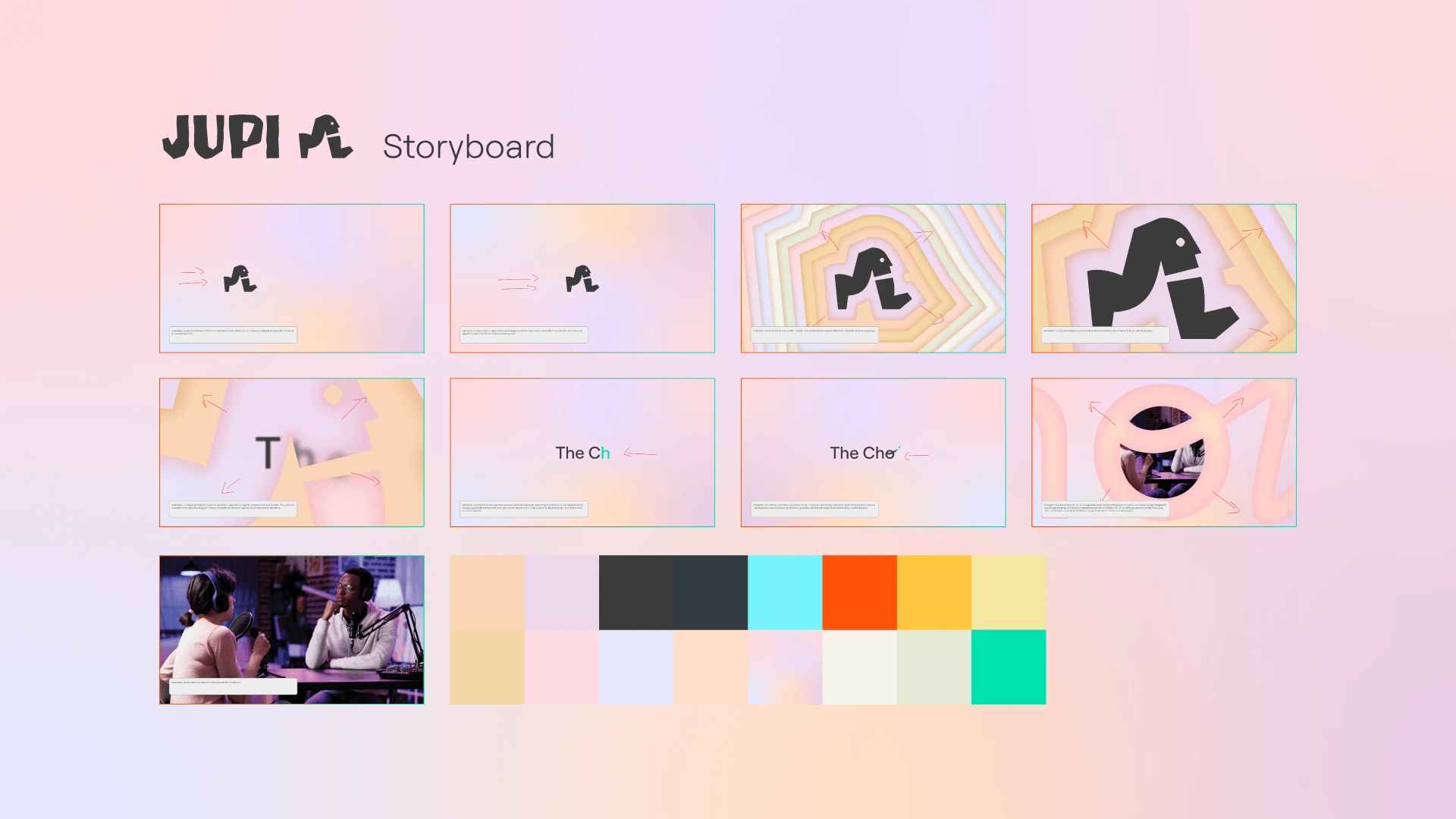 Planche storyboard de l'introduction du podcast The Choice de JUPI, présentant les étapes d'animation du cycle de marche du logo et la palette de couleurs pastel du projet.