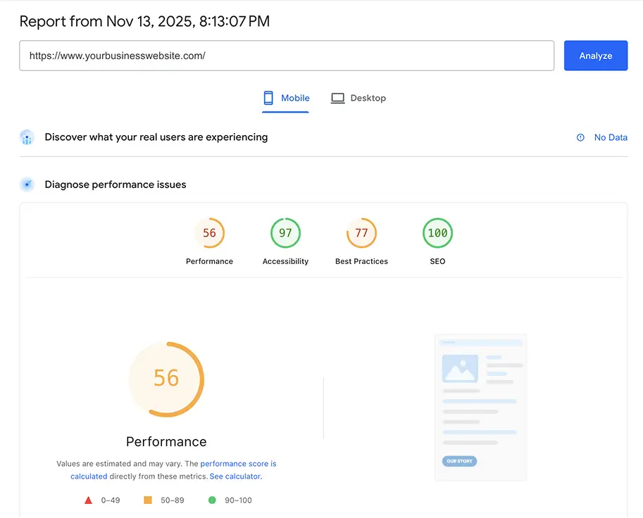 PageSpeed analysis showing poor mobile performance for a website
