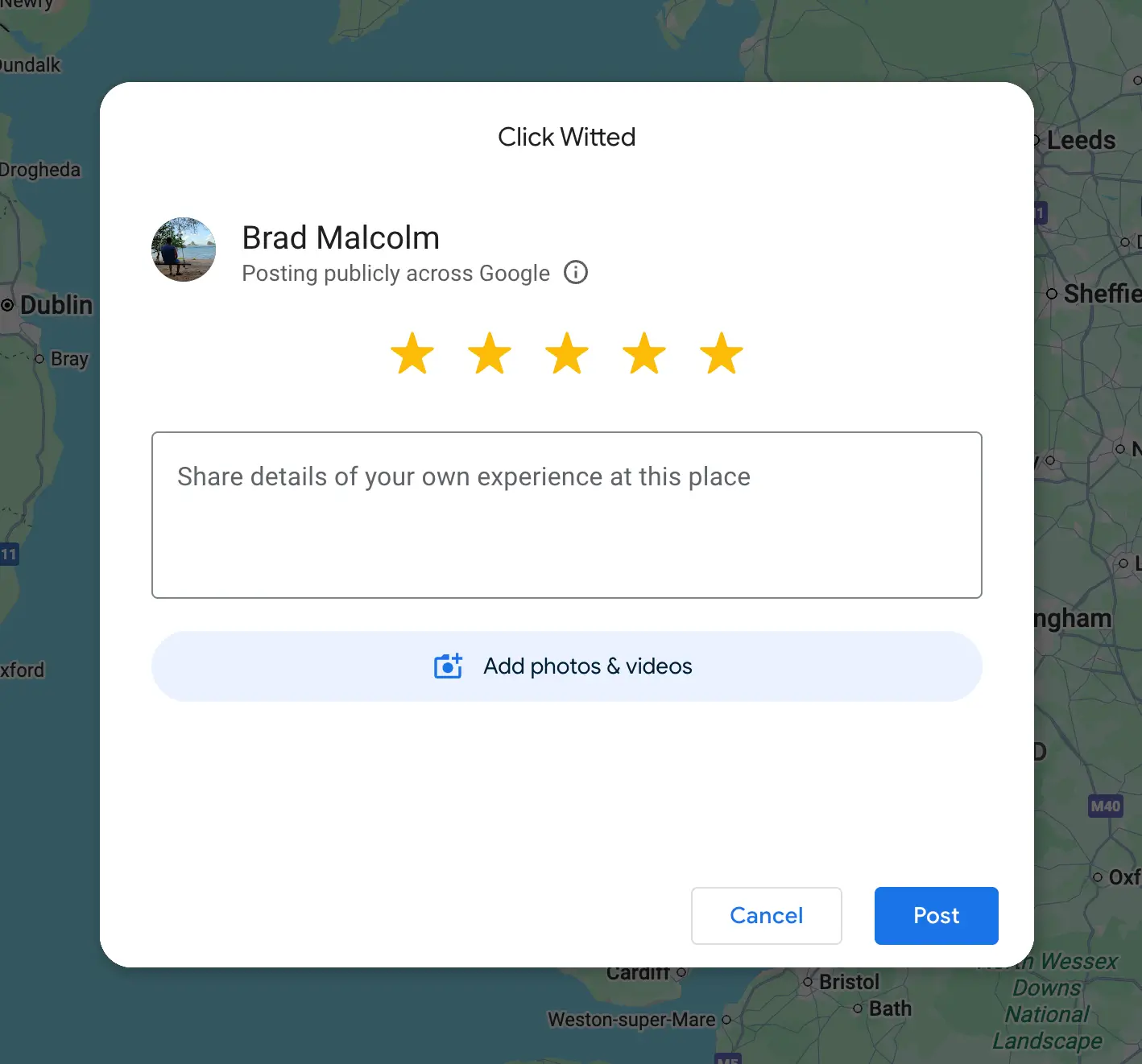 Screenshot showing Google review window