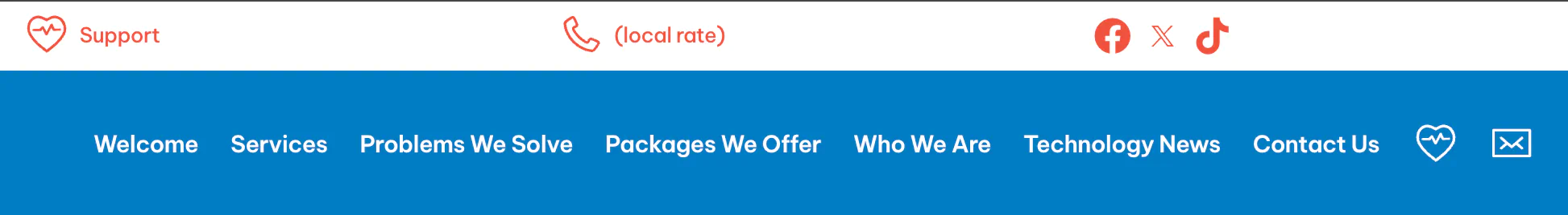 Navigation bar showing nine menu items plus social media icons in the header