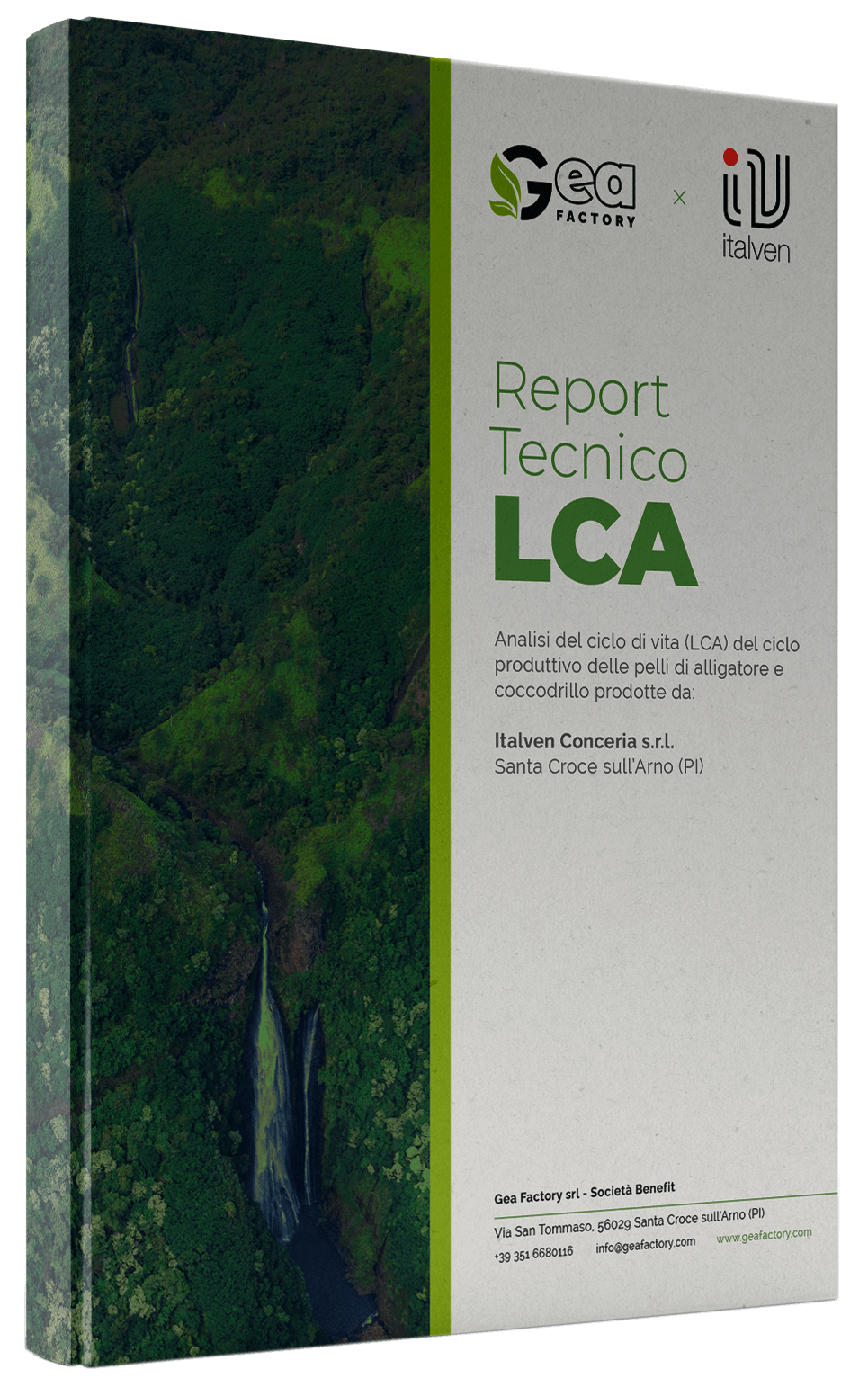 Technical report titled 'LCA' with green text, featuring a background of lush greenery and a waterfall. The report is a collaboration between Gea Factory and Italven, detailing life cycle analysis for specific leather products.