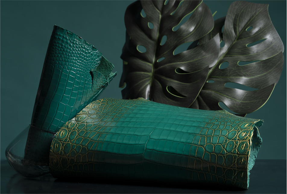 Two pieces of textured green leather, one rolled and the other partially unrolled, placed next to a large green monstera leaf against a dark background.