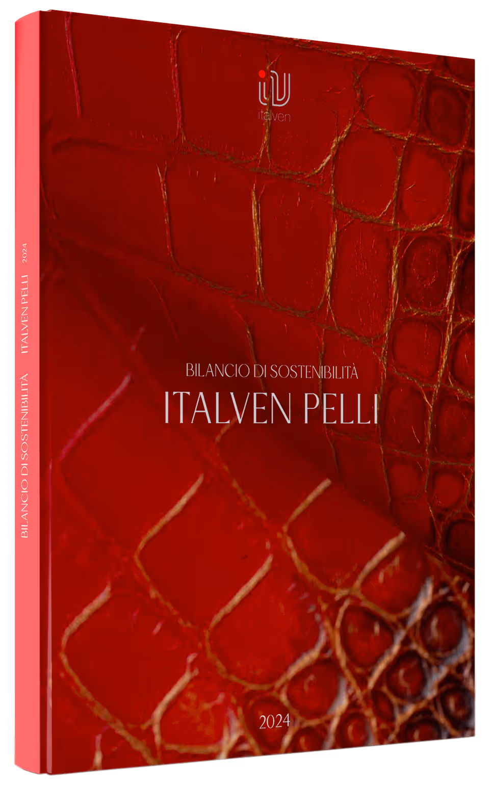 A red hardcover book titled "Bilancio di Sostenibilità Italven Pelli 2024" with a textured leather appearance on the cover. The book's spine is visible, showing the title and year.