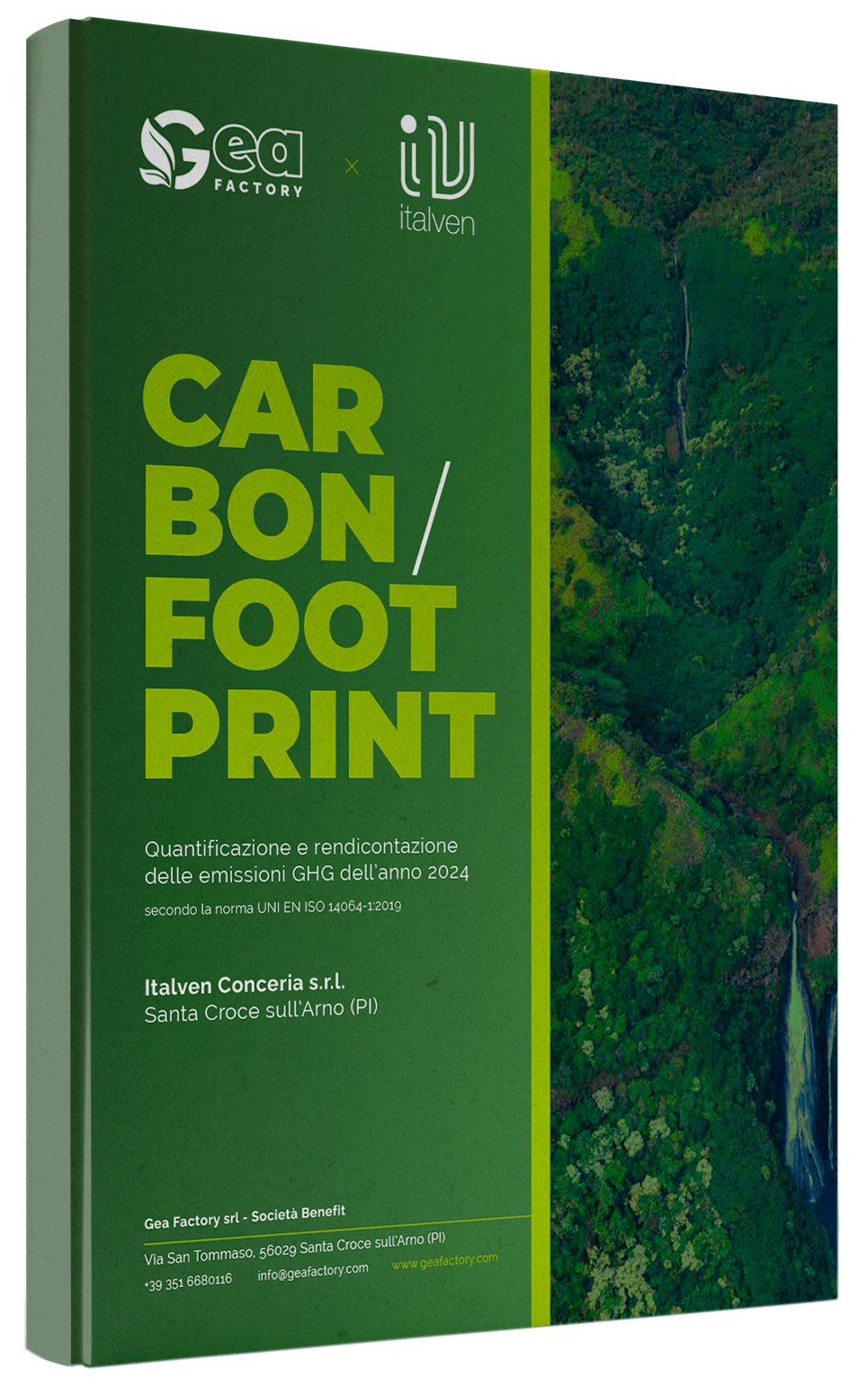 A book cover titled 'Carbon Footprint' with a green background featuring the logos of Gea Factory and Italven. Text includes details on quantification of GHG emissions for the year 2024, and contact information for Italven Conceria s.r.l.