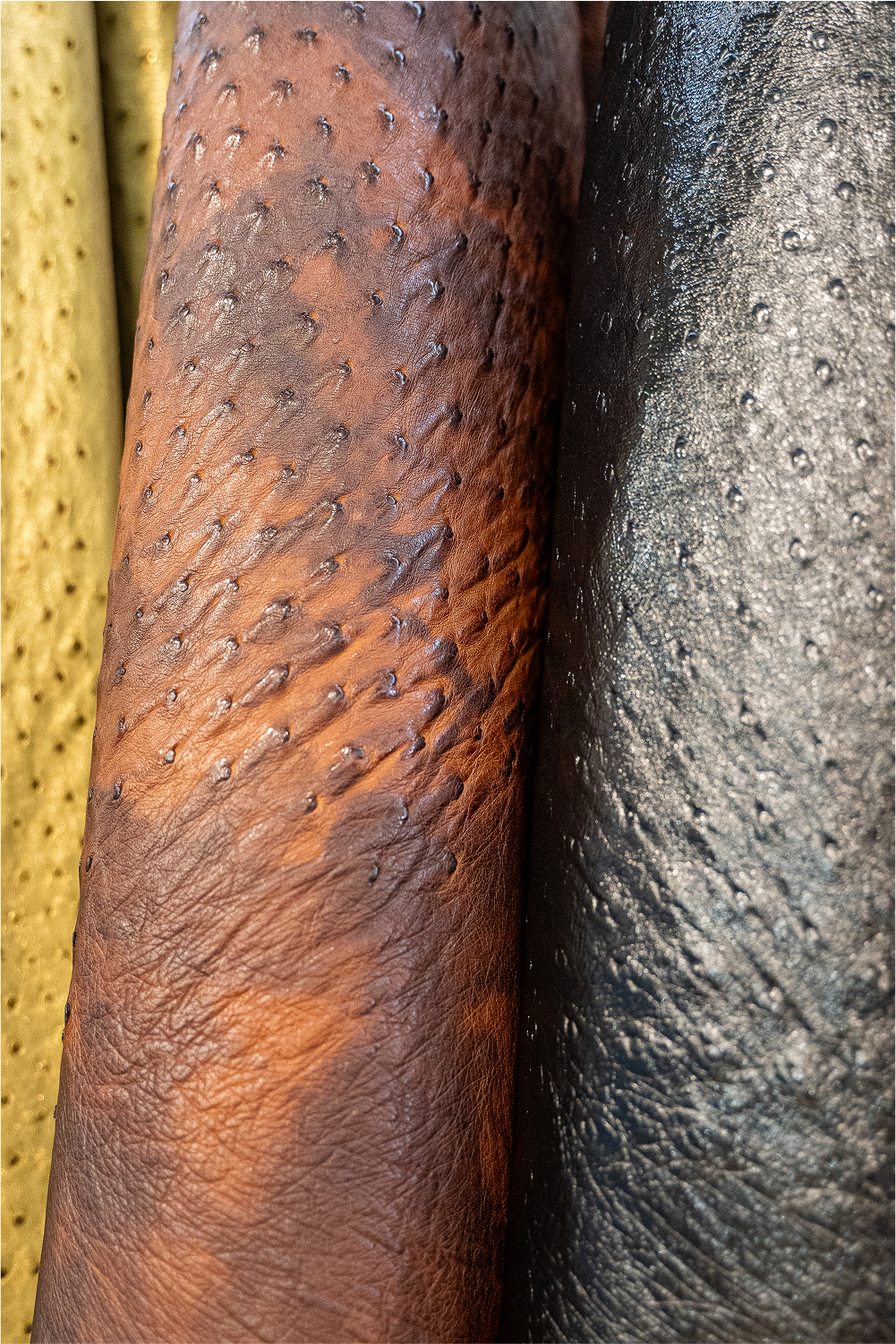 Three rolls of textured leather in varying colors: olive green, rich brown, and glossy black, showcasing the distinct patterns and finishes of each leather type.