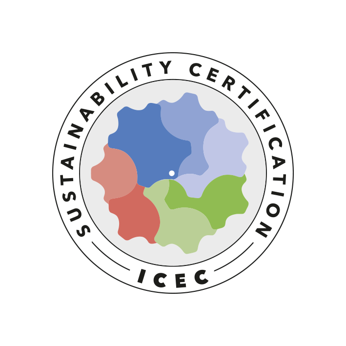 A circular logo featuring overlapping colorful shapes in blue, red, green, and light purple. The text reads 'SUSTAINABILITY CERTIFICATION' and 'ICEC' on a white border. The design emphasizes themes of sustainability and certification.