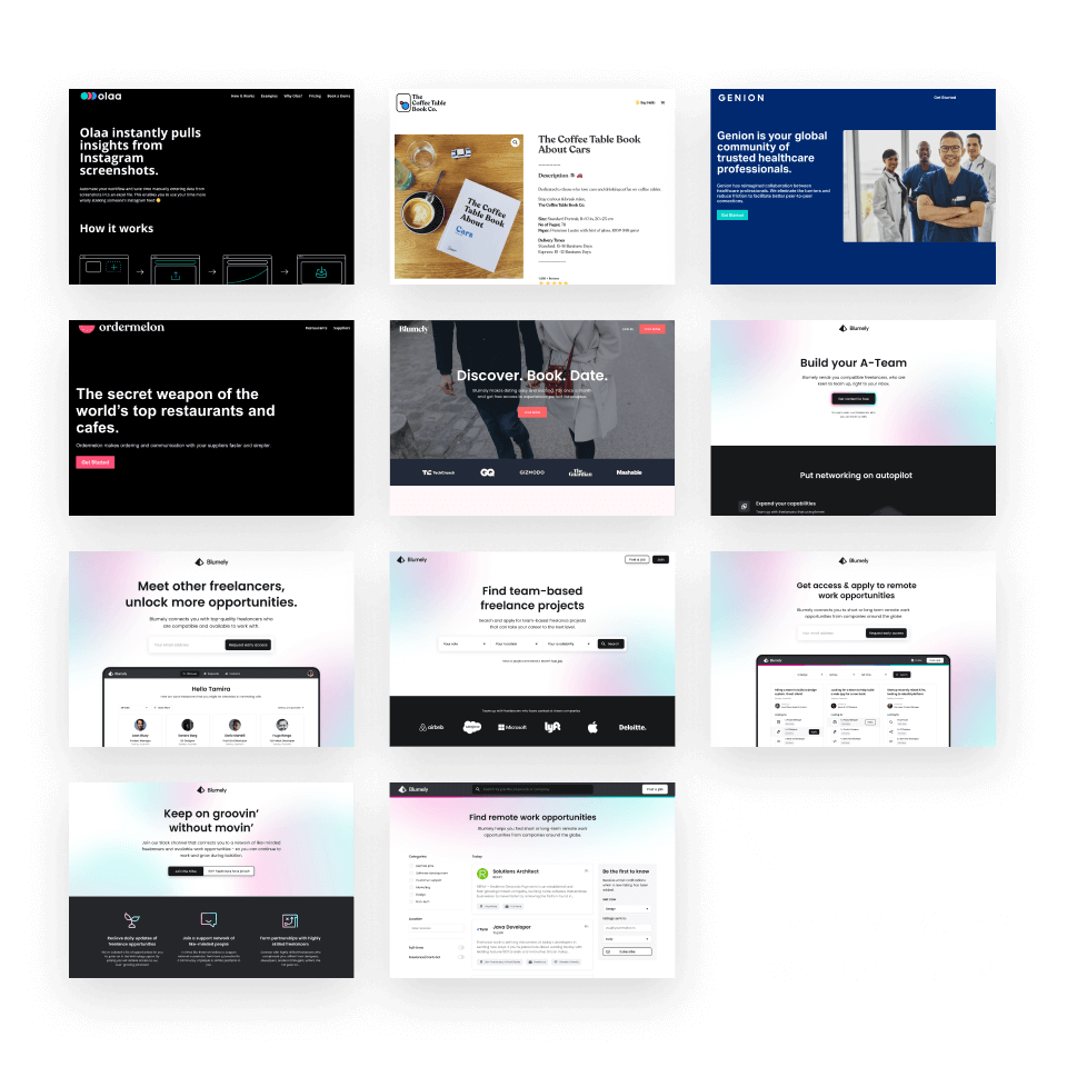 Collage of 11 website home pages showcasing different businesses and platforms, with text 'THE 11 WEBSITES WE PUSHED LIVE' and an arrow pointing to the collage.