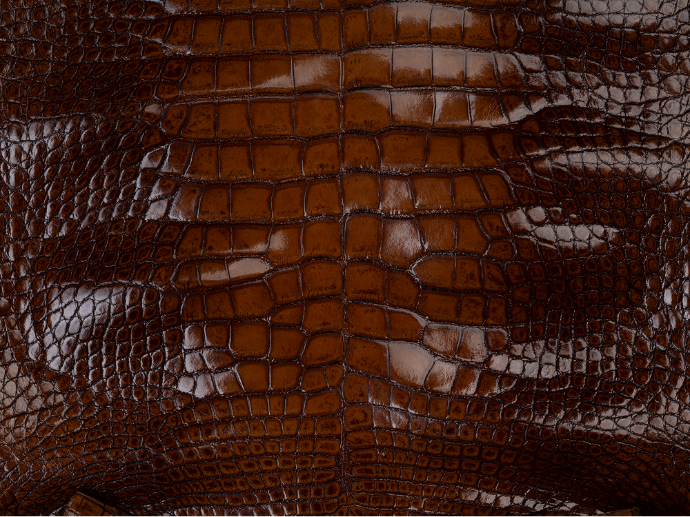 Two pieces of textured green leather, one rolled and the other partially unrolled, placed next to a large green monstera leaf against a dark background.