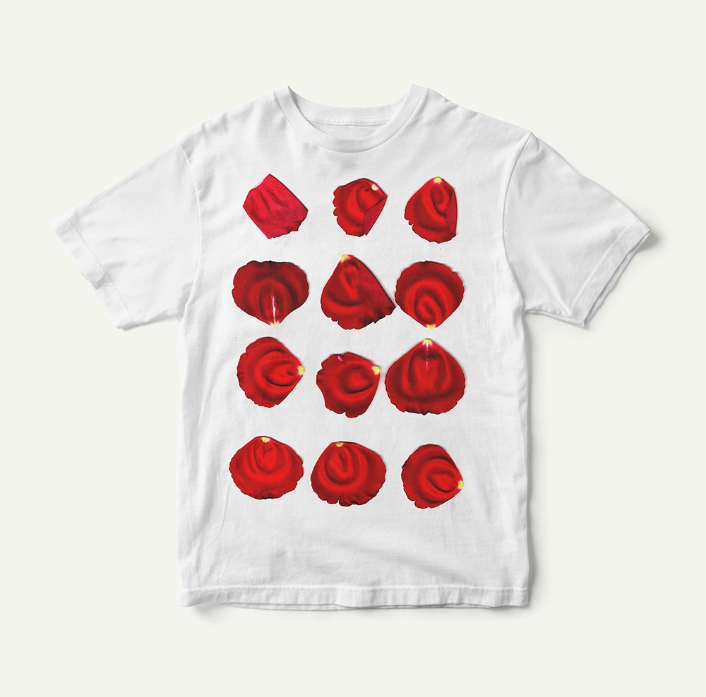 Image of a white t-shirt with the logo printed out three times.