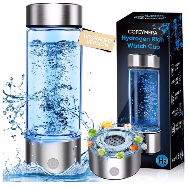 Two water bottles, one a clear bottle with a crystal infuser and the other a black insulated flask.