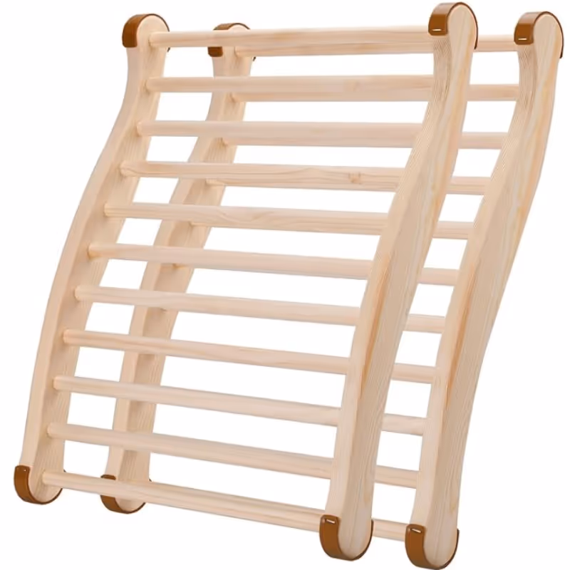 A curved, slatted wooden backrest designed for comfort in a sauna, shown against a white background.