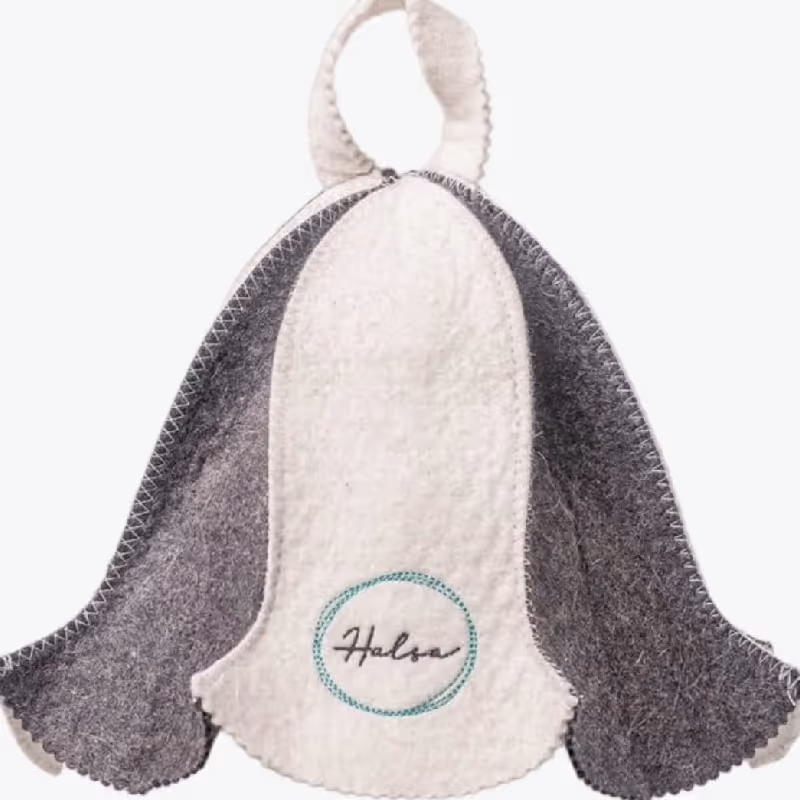 A traditional, bell-shaped wool sauna hat in light and dark gray.
