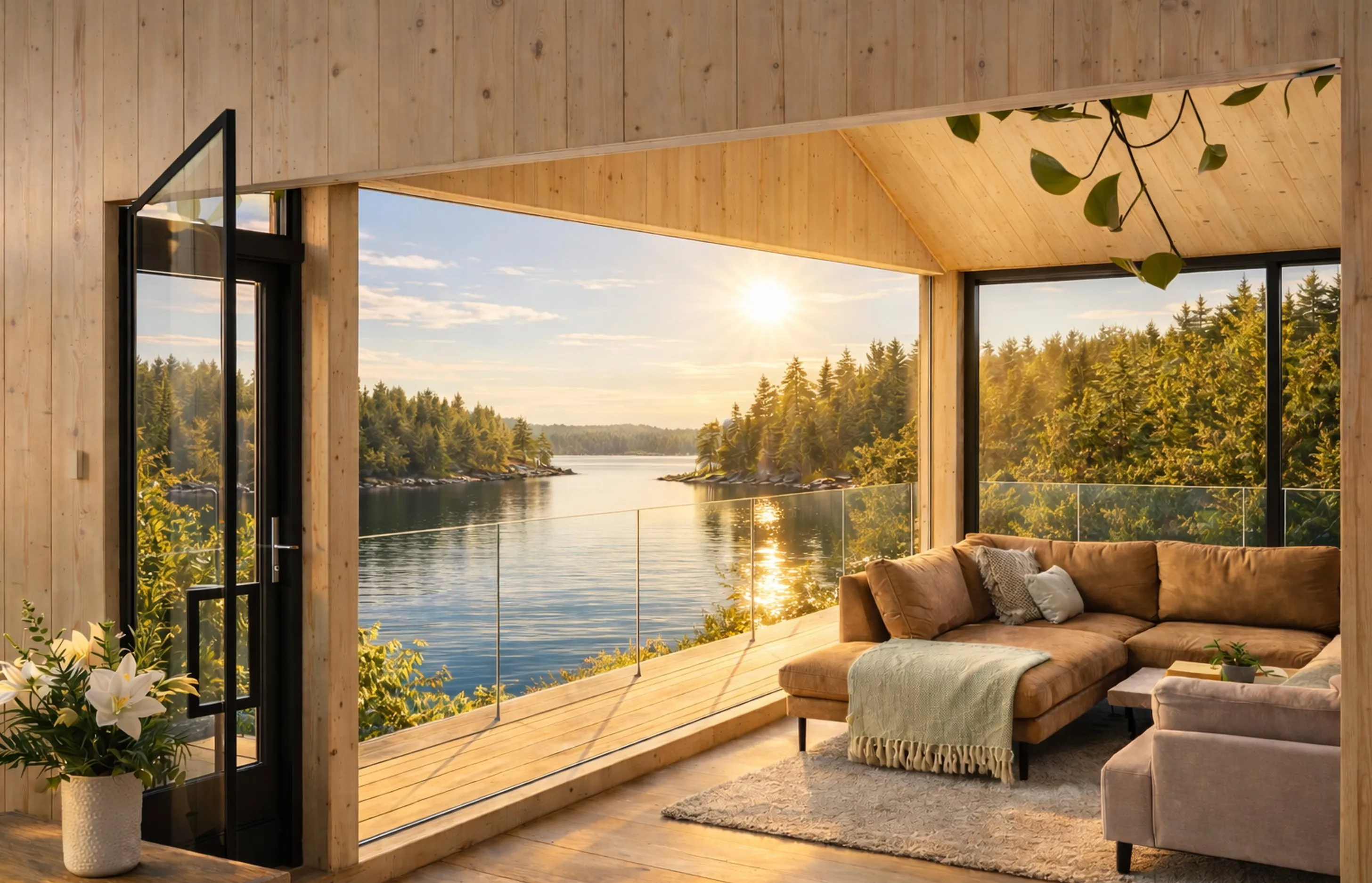 Valoisa olohuone järvinäköalalla, puusisustus, ruskea sohva ja valkoiset liljat. Aurinko paistaa järvelle.