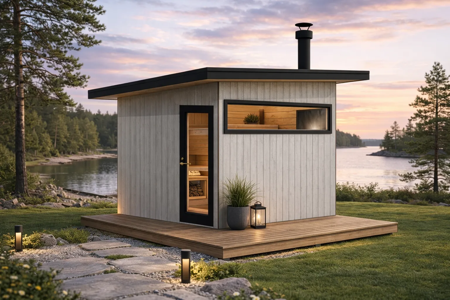 Moderni sauna järven rannalla, jossa on puukansi, lyhdyt ja kivipolku hämärässä auringonlaskussa.