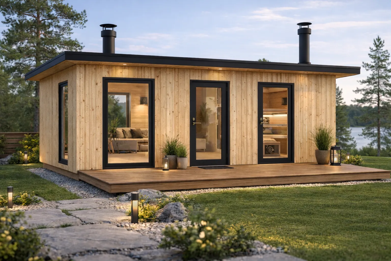 Puinen pihasauna, jossa on mustat ikkunat ja ovi, sijaitsee puisen terassin päällä, ja sen ympärillä on nurmikko ja kivipolku, jossa on valaisimia.