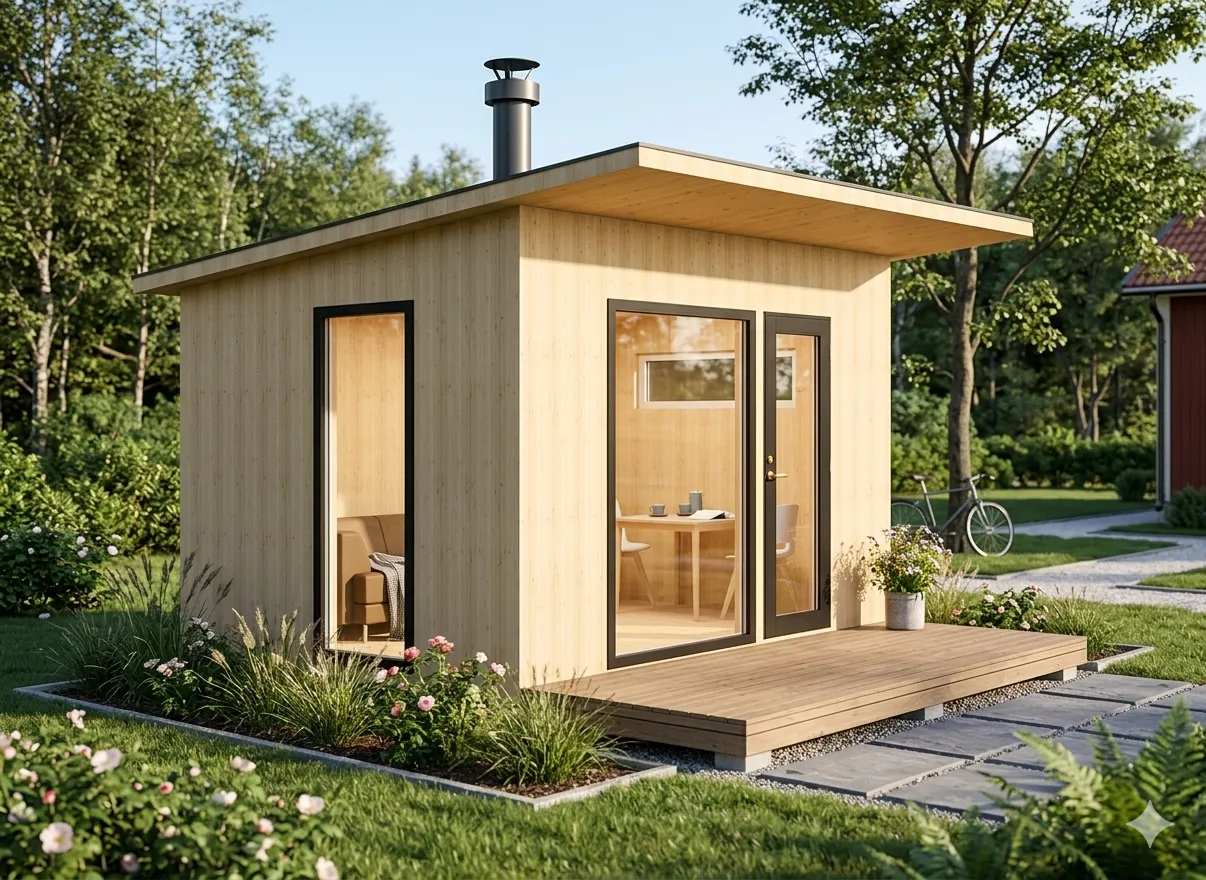 Puutarhassa sijaitseva puinen piharakennus, jossa on suuri ikkuna ja terassi, valoisa ja moderni.