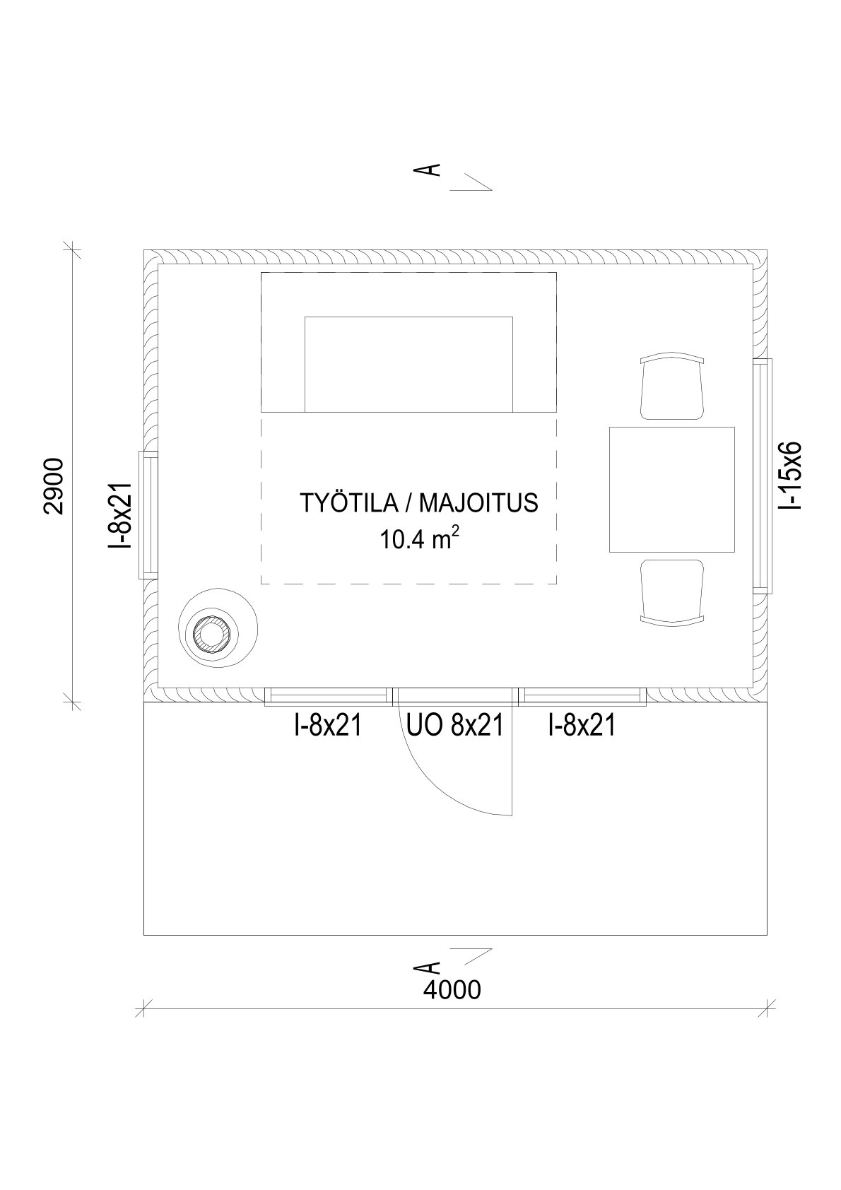 Pohjapiirros, jossa näkyy huonekalut, mitat ja merkinnät. Työtila/majoitus 10,4 m².